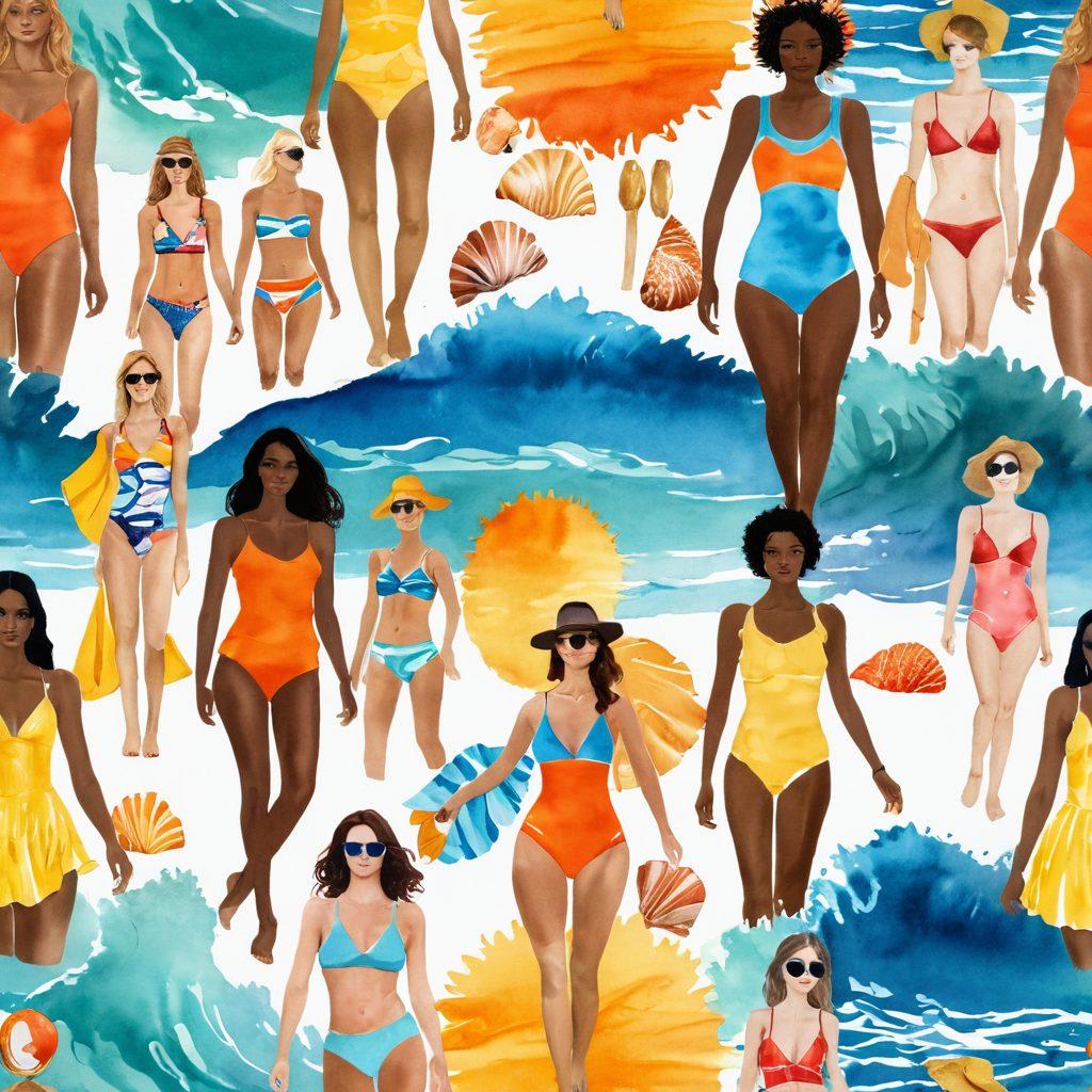A collage of beachwear fashion, contrasting bright sun-kissed scenes with darker, melancholic elements representing heartbreak. Include vibrant swimsuits and sandy beaches transitioning into shadowy waves and broken seashells, symbolizing the emotional journey. Add expressive faces of diverse individuals reflecting joy and sorrow. Mix warm and cool color palettes to enhance the emotional depth. watercolor style. vibrant colors. textured background.